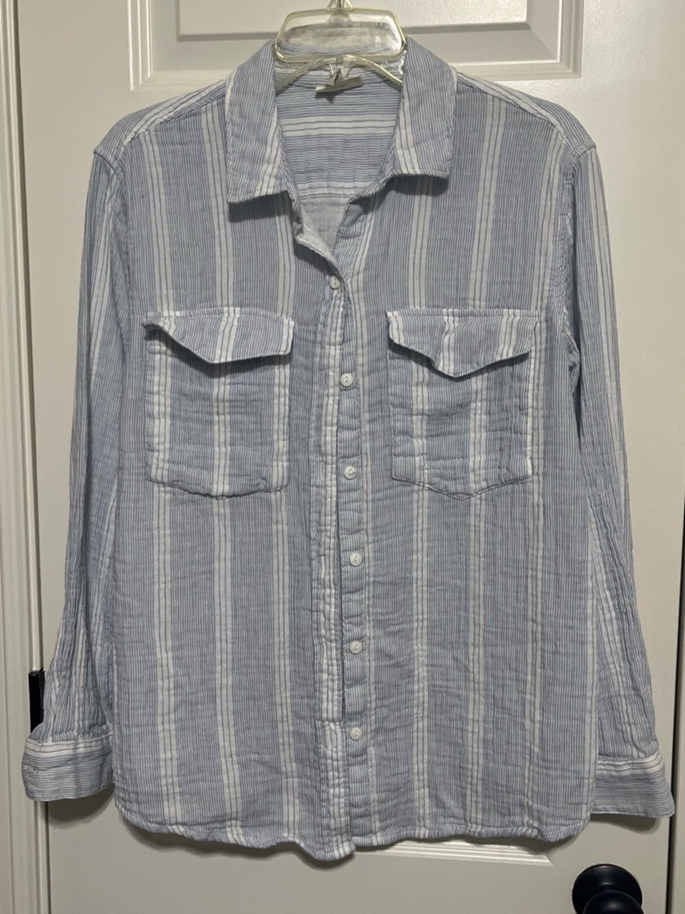 Light Blue Striped 100% Cotton woman's Button-Down Shirt